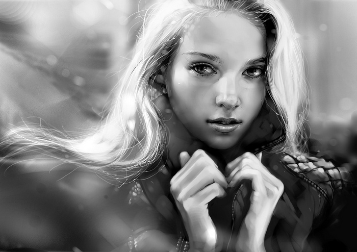 Monochrome digital art of a woman with blonde hair