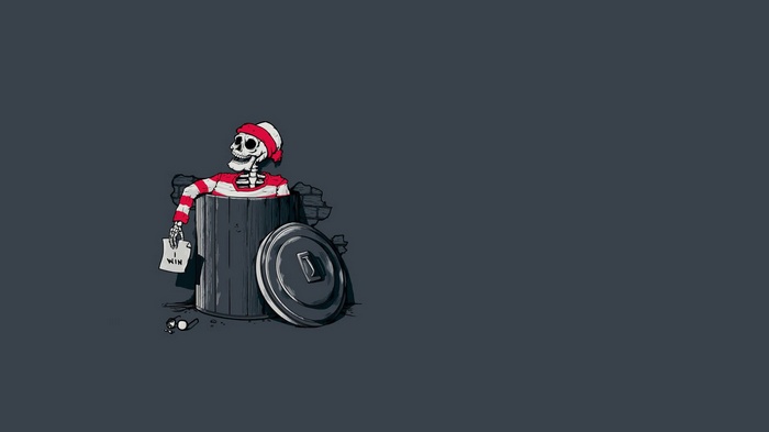 Skeleton dressed as Waldo in a trash can