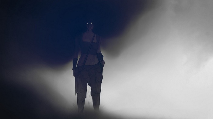 Dark fantasy artwork of a woman with glowing eyes