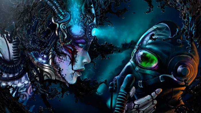 Vitaly S Alexius robot women cyborg gas masks fantasy art Romantically Apocalyptic cyberpunk concept art artwork wires