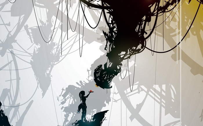 Portal artwork with Chell and GLaDOS's robotic arm