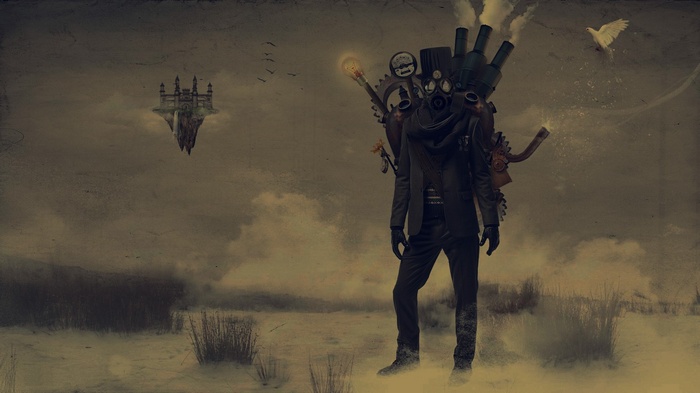 Steampunk figure with floating castle and dove