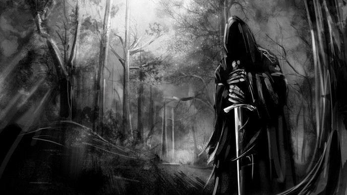 Nazgûl with a sword in a dark forest