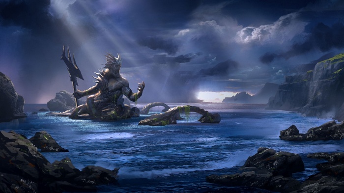 Poseidon statue in the sea with trident
