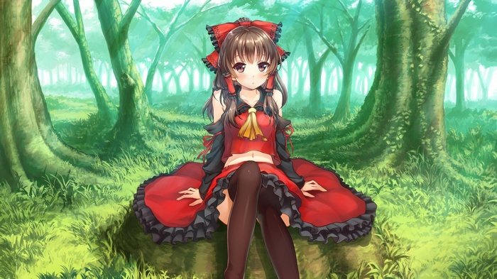 Hakurei Reimu sitting in a lush green forest