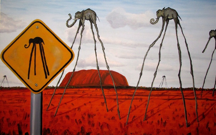 Surreal painting of elephants with long legs and Uluru