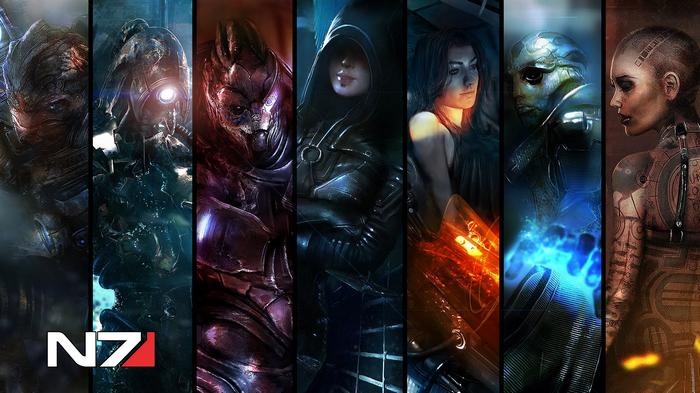 Mass Effect characters collage with N7 logo