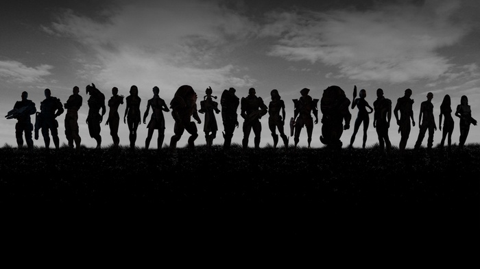 Mass Effect characters silhouetted against a cloudy sky
