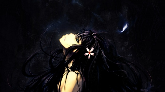 Anime girl with black hair and a flower
