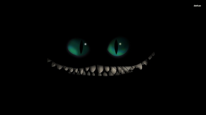 Cheshire Cat with glowing green eyes and sharp teeth