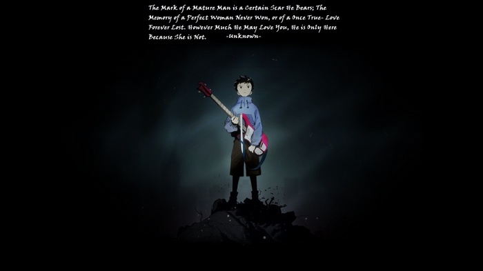 Anime character with guitar and quote