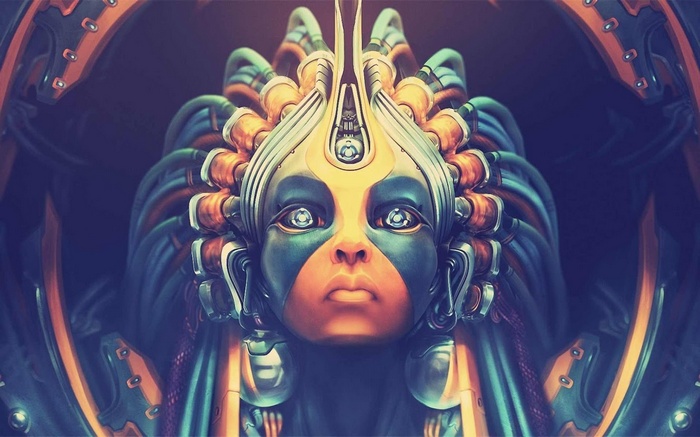 Fantasy art of a cyborg woman with intricate headpiece