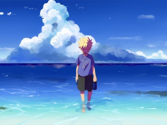 Naruto Uzumaki standing in the ocean under clouds