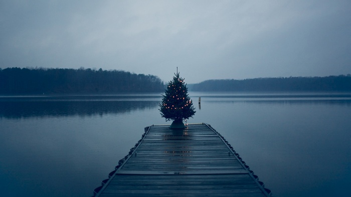 Christmas tree on a pier by a lake