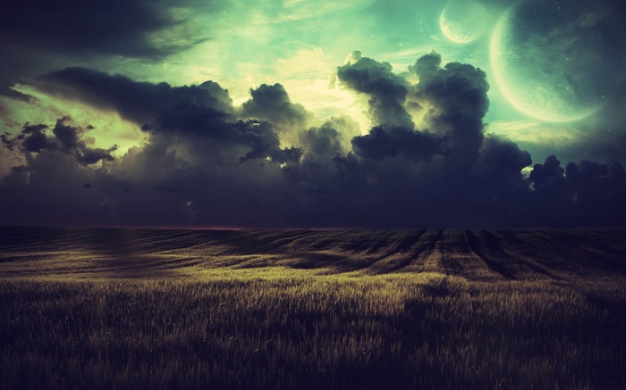 Digital art landscape with planets and clouds