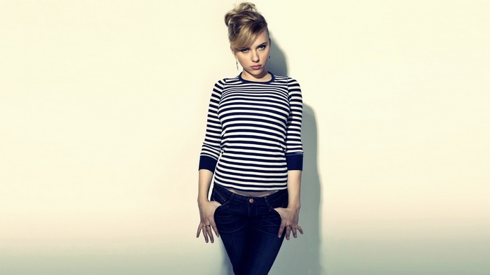 Scarlett Johansson in a striped sweater and jeans