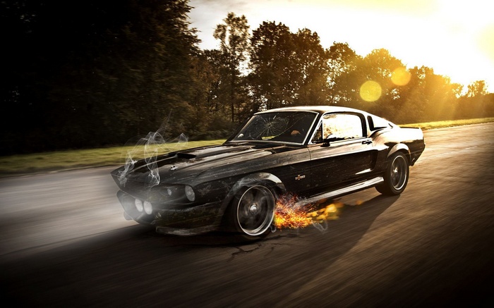 Eleanor Ford Mustang drifting with smoke and fire