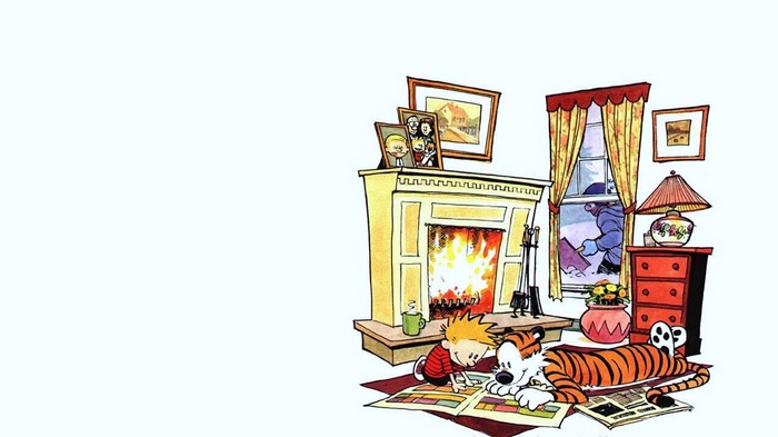 Calvin and Hobbes by a Fireplace