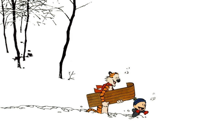 Calvin and Hobbes carrying a wooden sled in the snow