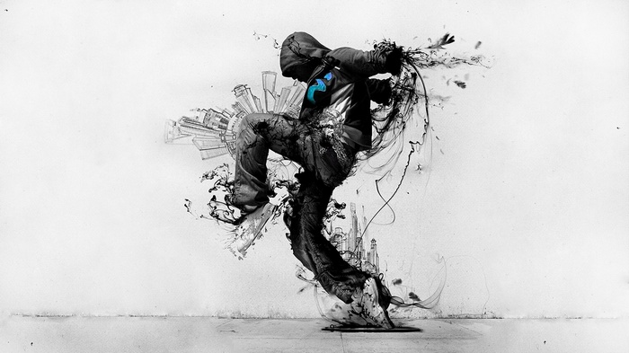 Abstract dancer with ink and city elements