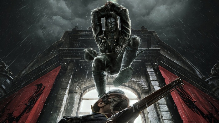 Corvo Attano in Dishonored during a rainy assault