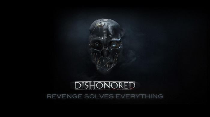 Dishonored video game mask and tagline