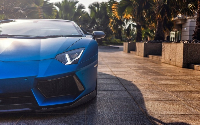 Blue Lamborghini Aventador parked on a tiled path