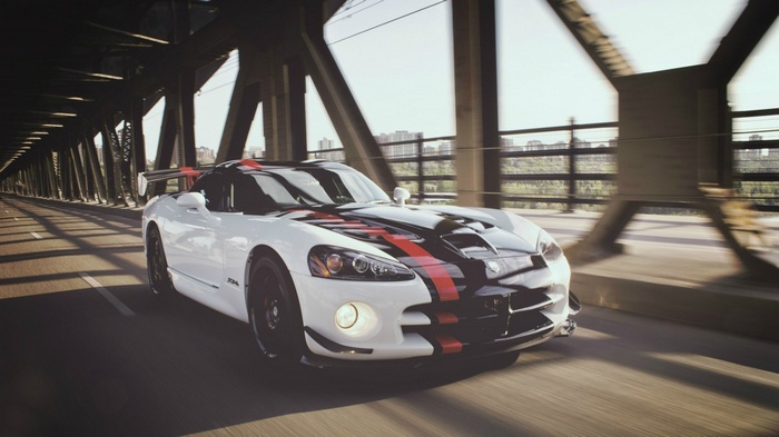 White Dodge Viper ACR with Red Stripes on Bridge