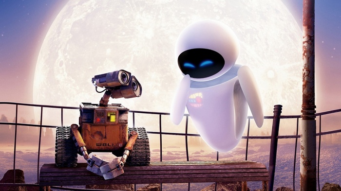WALL·E and EVE on a bench with the Moon
