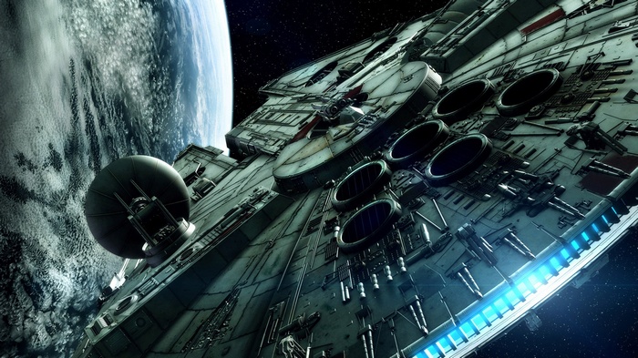 Millennium Falcon spaceship in space near Earth