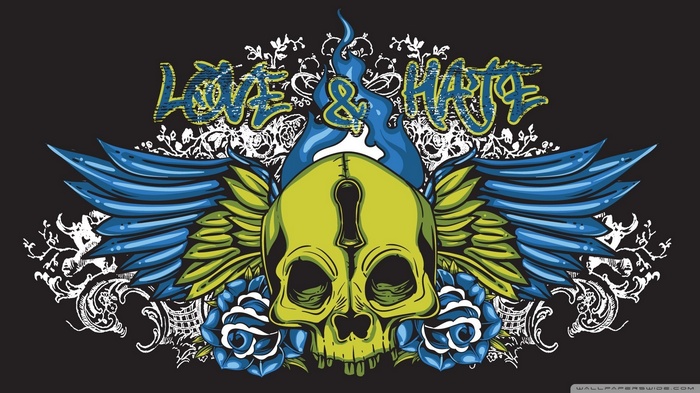 Skull with wings and roses, typography