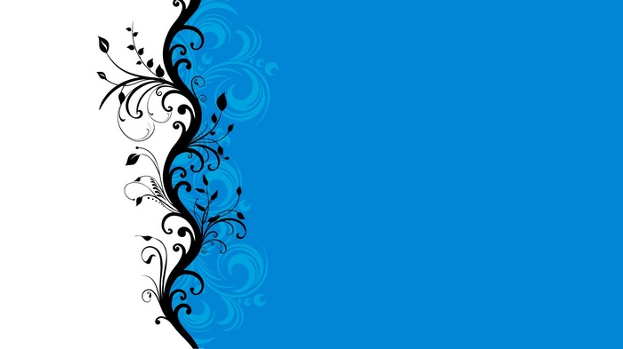 Abstract black floral design on white and blue background