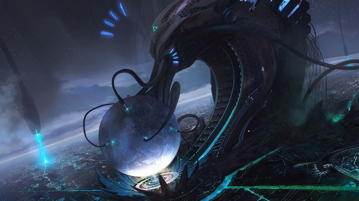 Abstract science fiction artwork with a large sphere