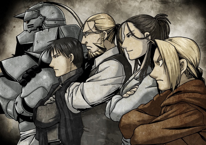 Fullmetal Alchemist characters: Alphonse, Roy Mustang, Hoenheim, and Edward Elric