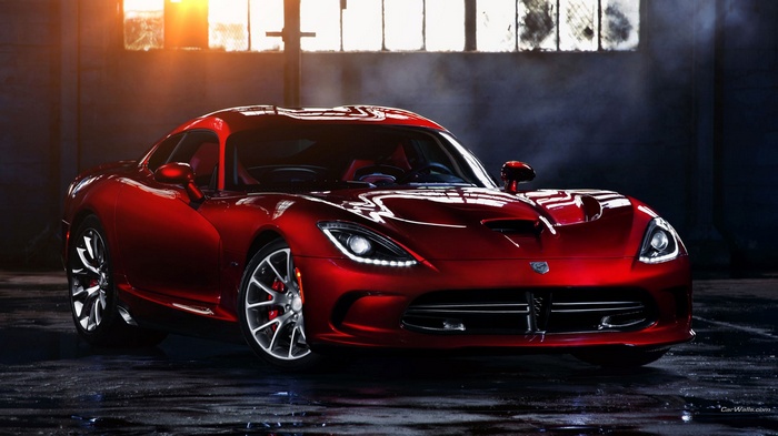 Red 2013 Dodge Viper in a garage