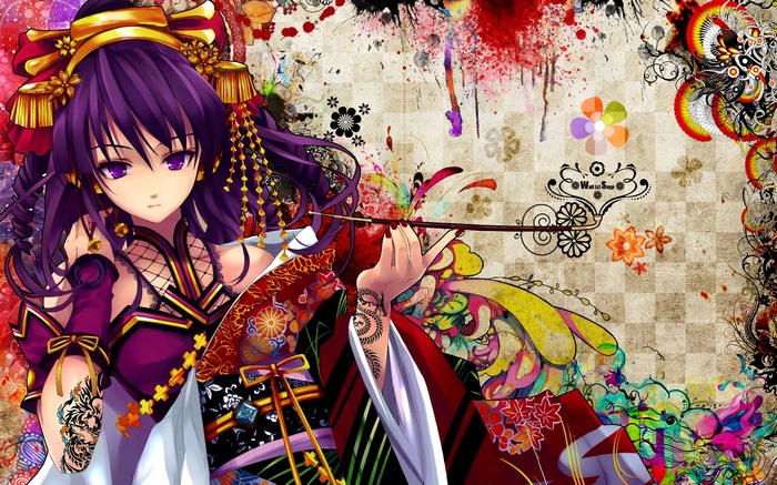 Anime girl with purple hair in traditional clothing