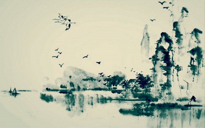 Ink painting of cranes flying over a lake with mountains