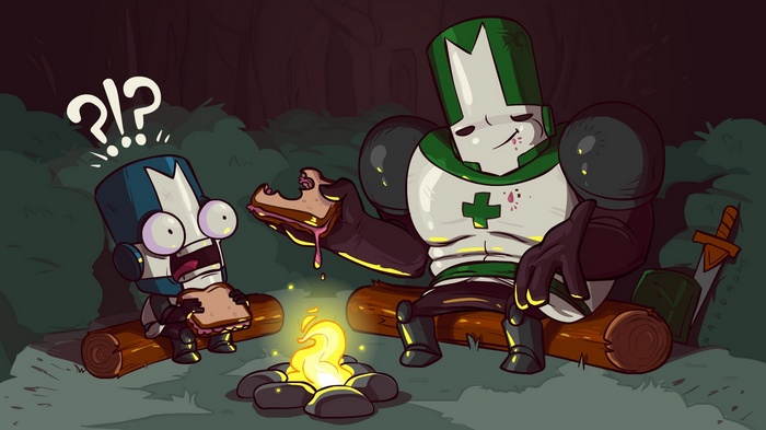 Castle Crashers knights eating sandwiches by campfire
