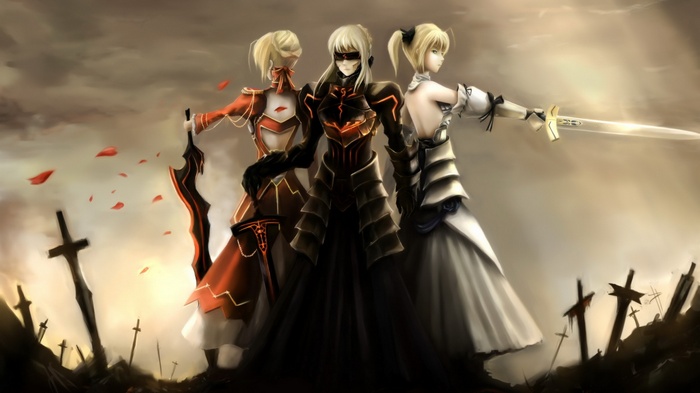 Saber Lily, Saber Alter, and Saber Extra with swords