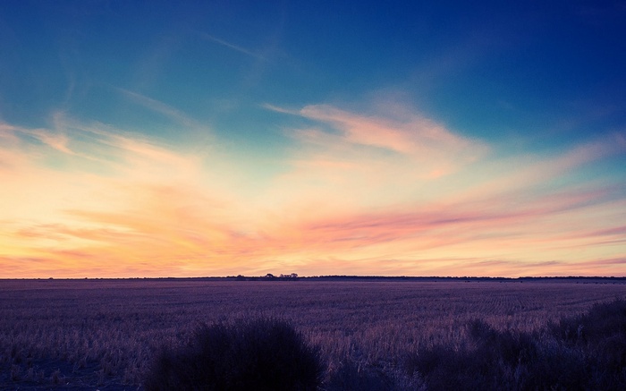 Sunset over a vast field with colorful clouds