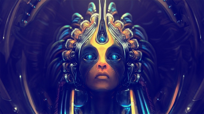 Digital art of a futuristic face with glowing blue eyes