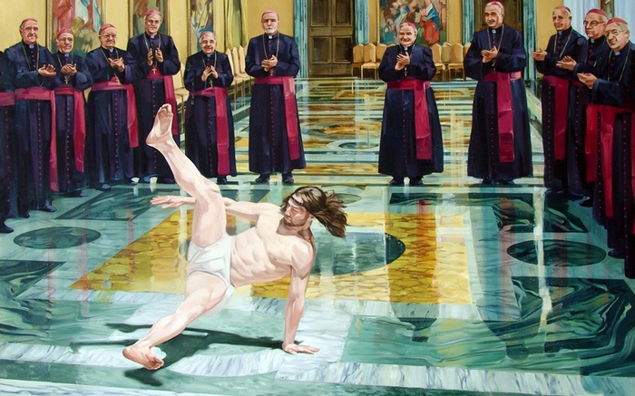 Jesus breakdancing in front of bishops