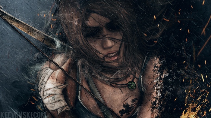 Lara Croft with bow and arrow in the rain