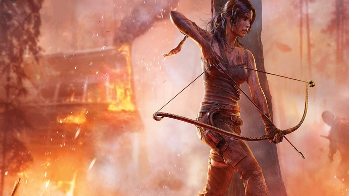 Lara Croft with Bow in Burning Village