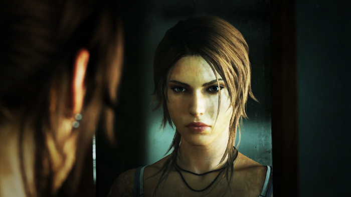Lara Croft looking in a mirror