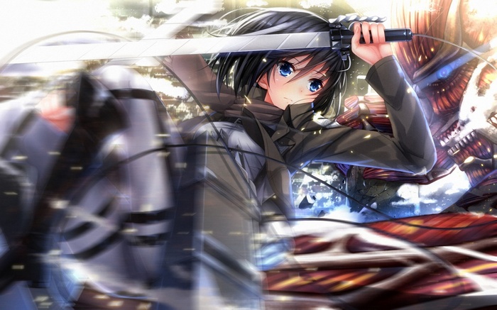 Mikasa Ackerman fighting a Titan in Shingeki no Kyojin