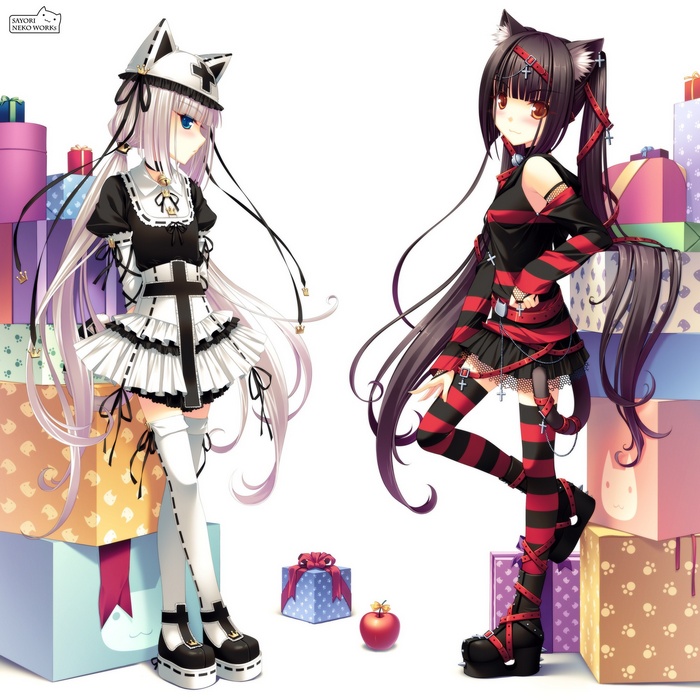Two anime girls with cat ears and gifts