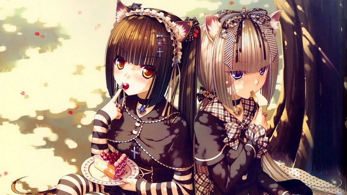 Anime girls with nekomimi eating cake