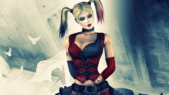 Harley Quinn in a red and black corset