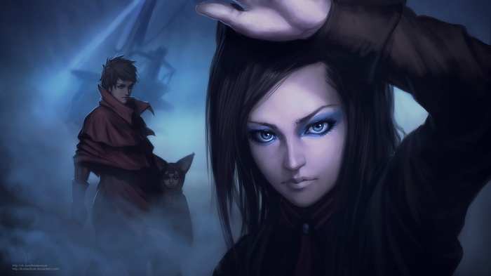 Ergo Proxy characters in a foggy blue environment